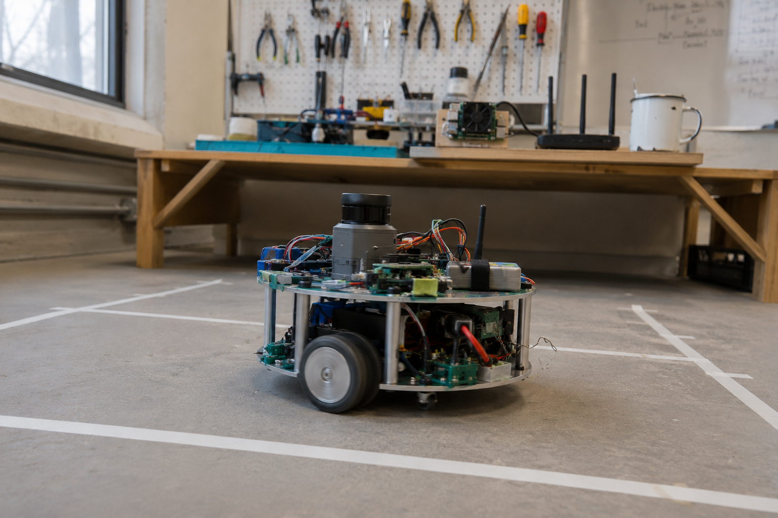 Alpha mid-lane on the taped patch, low three-quarter view, wheels turning, the bench and access point behind it.