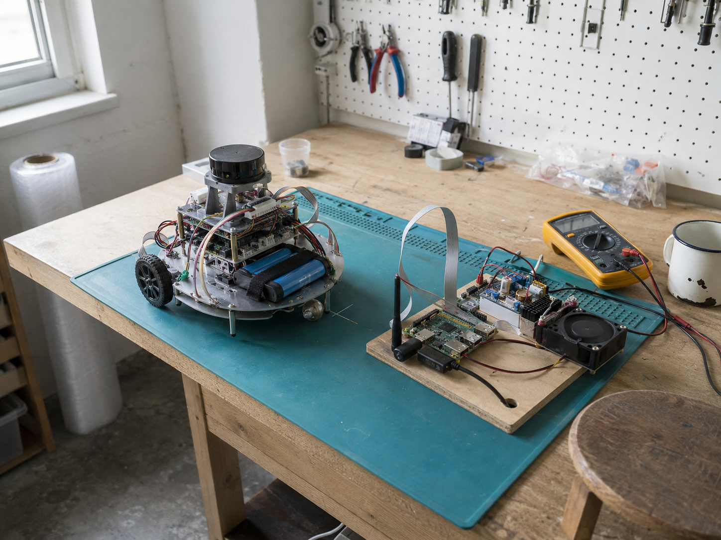 Alpha and the breadboard dock on a workshop bench